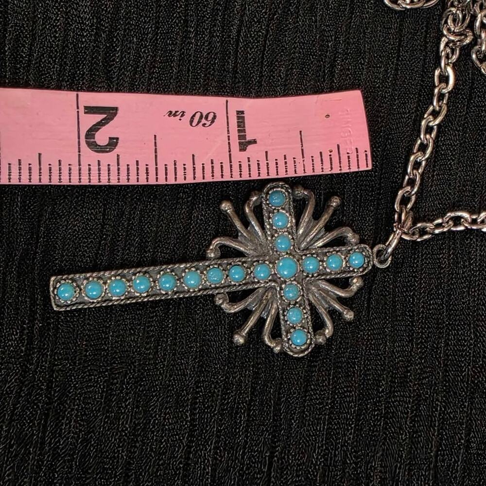 Faux Turquoise Cross Necklace Silver Ton Western Boho Pendant - Picture 3 of 6